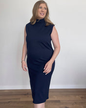 Load image into Gallery viewer, Navy blue, knee length, sleeveless dress with turtle neck