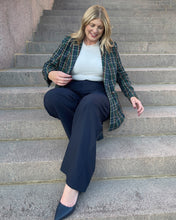 Load image into Gallery viewer, Dark green blazer with yellow, white, red, navy plaid pattern.
