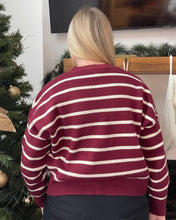 Load image into Gallery viewer, Showing the back of a burgundy and ivory stripped cropped sweater