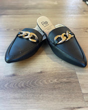 Load image into Gallery viewer, black backless mules with gold chain link detail