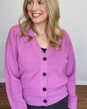 Load image into Gallery viewer, mauve colored button up long sleeve v-neck cardigan