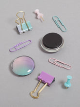 Load image into Gallery viewer, Office Accessories Kit with light blue and purple ombre binder clips. Pink, purple and blue magnets. Pink and blue push pins. Pink, purple, and blue paper clips.