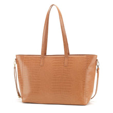 Load image into Gallery viewer, Caramel colored crocodile texture bag with two handles, and a removable crossbody strap
