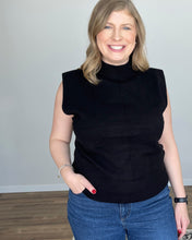 Load image into Gallery viewer, woman in a black mock neck tank with structured shoulders
