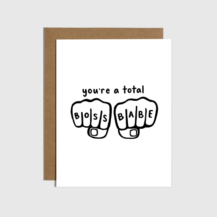 a white card with black outlined knuckle facing hands, text reads 