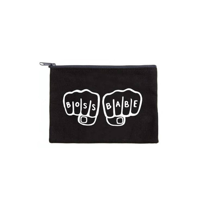 a black zippered canvas pouch with white outlined knuckle facing hands denoting boss babe