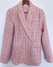 Load image into Gallery viewer, pink tweed blazer on wooden hanger with white backdrop
