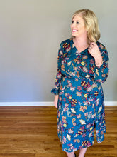 Load image into Gallery viewer, woman wearing teal, long sleeved dress with paisley pattern in burgundy, mustard and white
