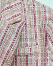 Load image into Gallery viewer, close up of pink tweed blazer, lapel, pocket
